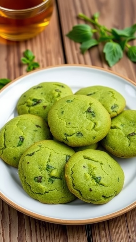A plate of green spinach cookies with herbs, served with a cup of tea on a rustic table.